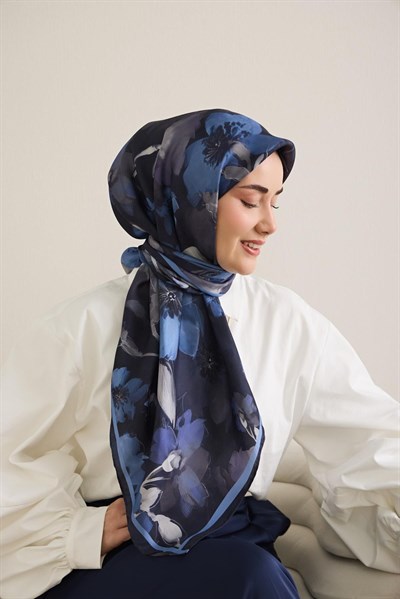 Twill İpek Eşarp Çiçek Desen Lacivert 90x90