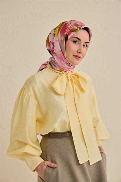 Twill İpek Eşarp Çiçek Desen Pudra Pembe 90x90