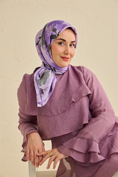 Twill İpek Eşarp Çiçek Desen Soft Lila 90x90