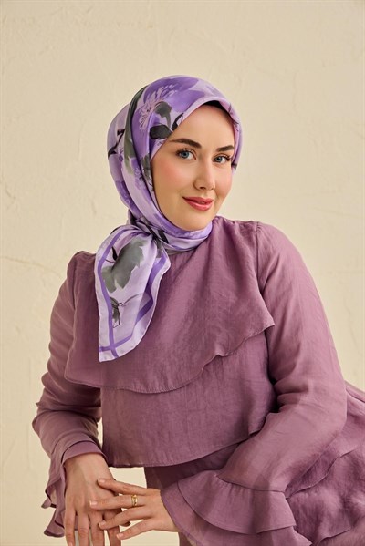 Twill İpek Eşarp Çiçek Desen Soft Lila 90x90