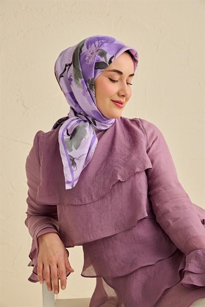 Twill İpek Eşarp Çiçek Desen Soft Lila 90x90