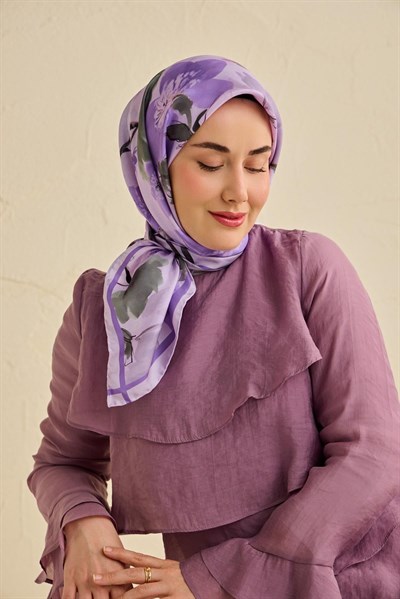 Twill İpek Eşarp Çiçek Desen Soft Lila 90x90