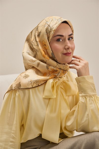 Twill İpek Eşarp Çiçek Rüyası Pastel Sarı 90x90