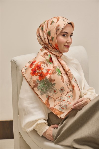 Twill İpek Eşarp Çiçek Rüyası Pudra Pembe 90x90