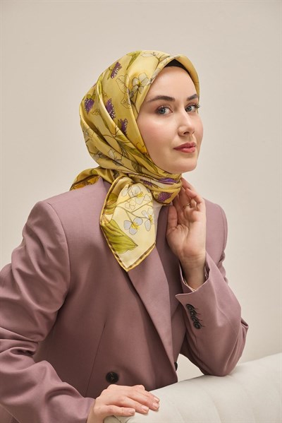 Twill İpek Eşarp Çiçek Rüyası Sarı 90x90
