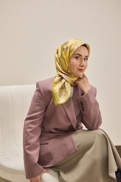 Twill İpek Eşarp Çiçek Rüyası Sarı 90x90