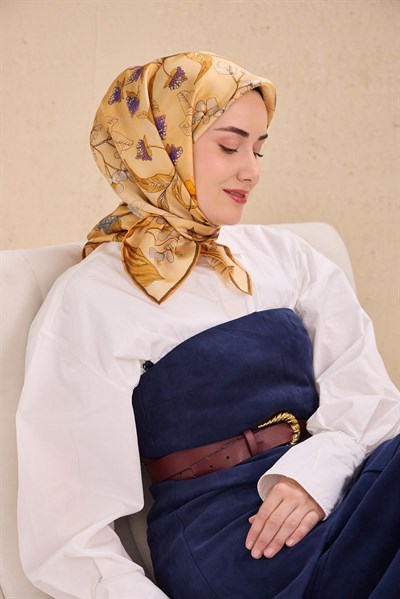 Twill İpek Eşarp Çiçek Rüyası Turuncu Bej 90x90