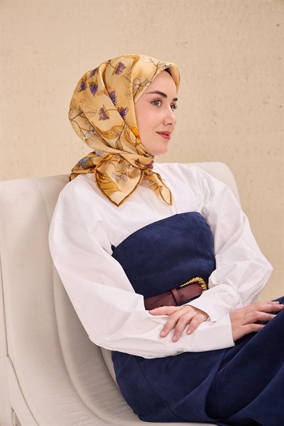 Twill İpek Eşarp Çiçek Rüyası Turuncu Bej 90x90