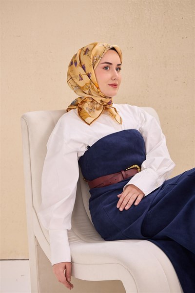 Twill İpek Eşarp Çiçek Rüyası Turuncu Bej 90x90