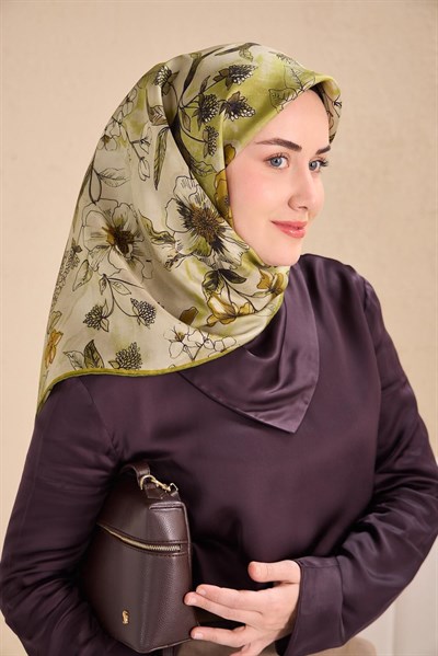 Twill İpek Eşarp Çiçek Rüyası Yeşil Gümüş 90x90
