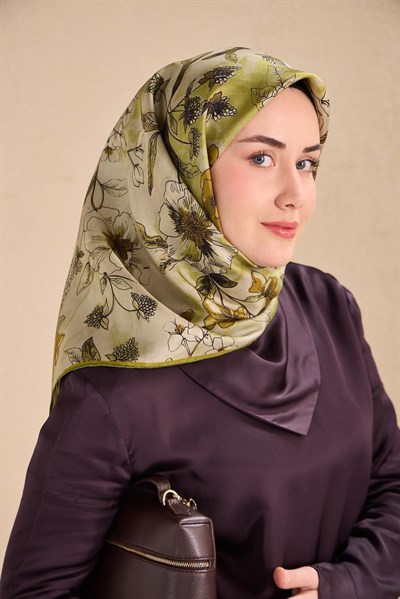Twill İpek Eşarp Çiçek Rüyası Yeşil Gümüş 90x90