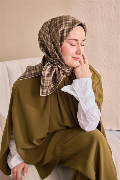 Twill İpek Eşarp Ekose Kahverengi