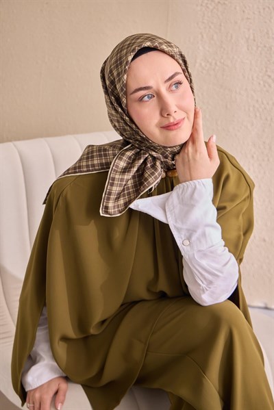 Twill İpek Eşarp Ekose Kahverengi