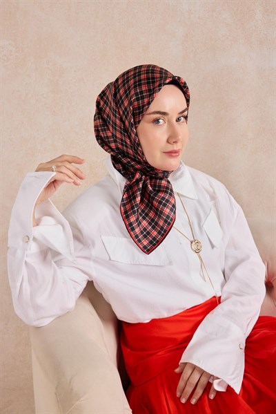 Twill İpek Eşarp Ekose Kırmızı