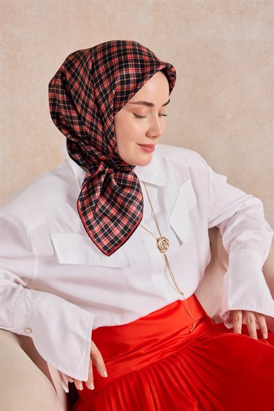 Twill İpek Eşarp Ekose Kırmızı
