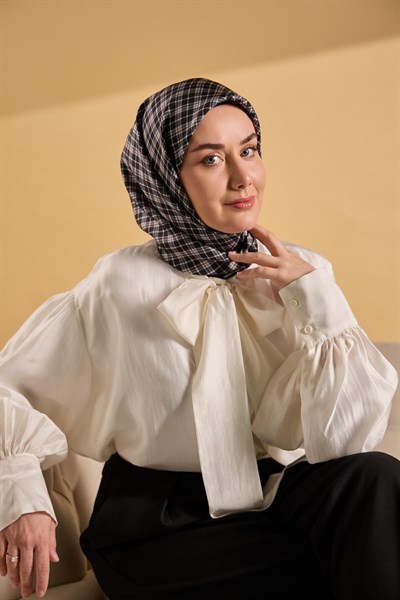 Twill İpek Eşarp Ekose Siyah