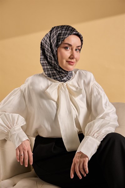 Twill İpek Eşarp Ekose Siyah