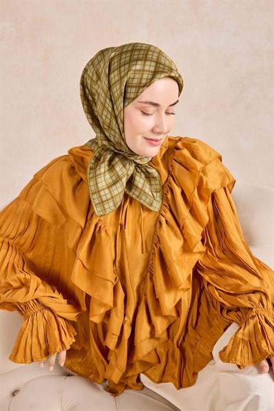 Twill İpek Eşarp Ekose Yeşil Bej