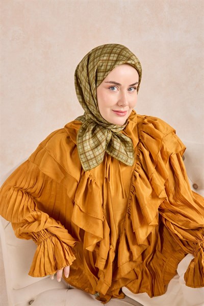 Twill İpek Eşarp Ekose Yeşil Bej