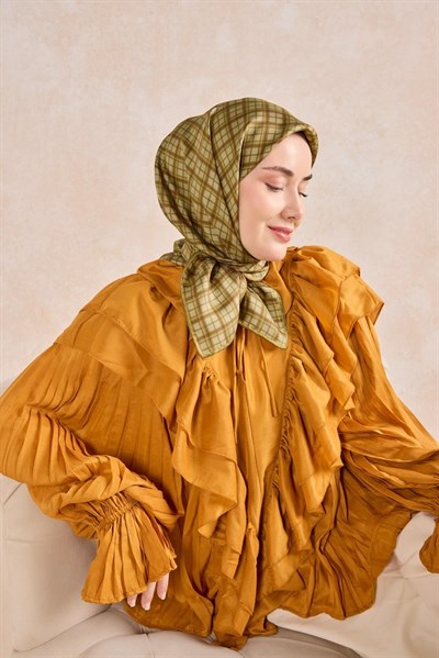 Twill İpek Eşarp Ekose Yeşil Bej