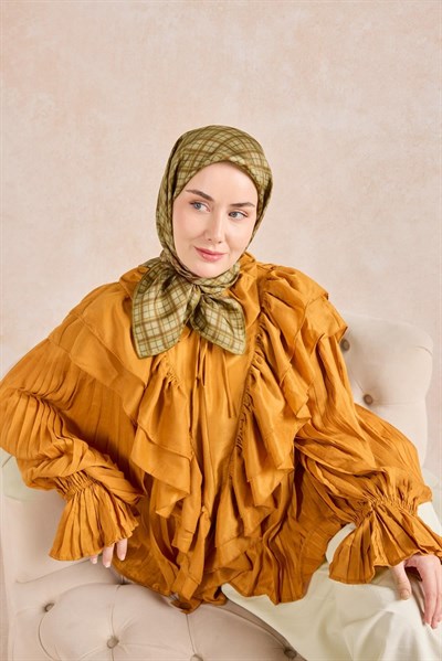 Twill İpek Eşarp Ekose Yeşil Bej