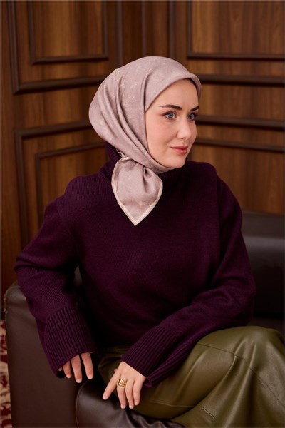 Twill İpek Eşarp Ekru–Soluk Gül Kurusu Desenli Tok Duruşlu 90x90