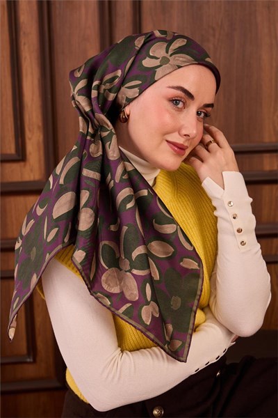 Twill İpek Eşarp Erguvan Yeşil Vizon Papatya Desenli Tok Duruşlu 90x90