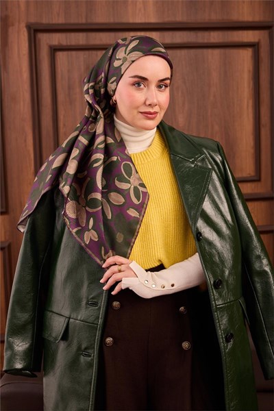 Twill İpek Eşarp Erguvan Yeşil Vizon Papatya Desenli Tok Duruşlu 90x90