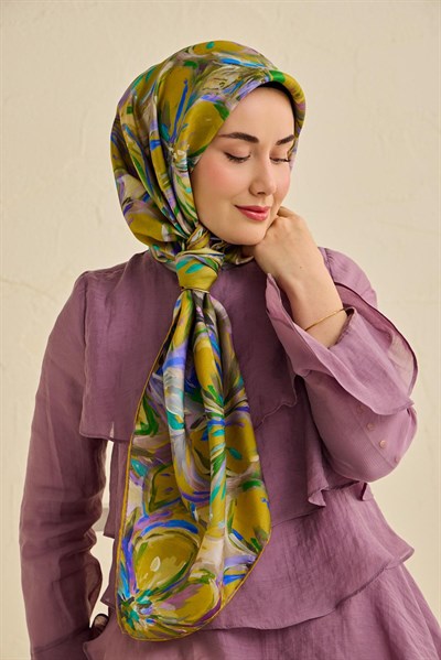 Twill İpek Eşarp Floral Art Desen Bej 90x90