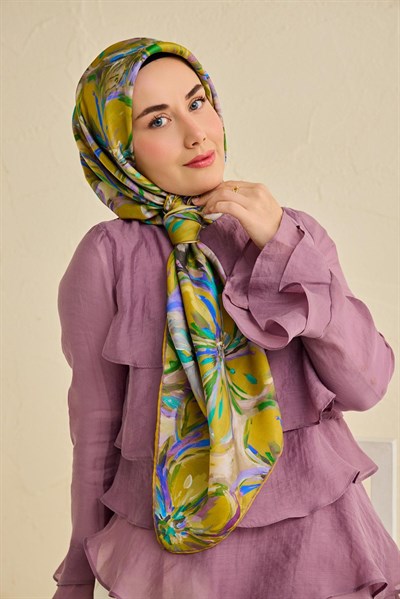 Twill İpek Eşarp Floral Art Desen Bej 90x90