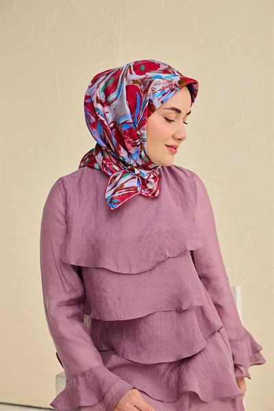 Twill İpek Eşarp Floral Art Desen Bordo 90x90