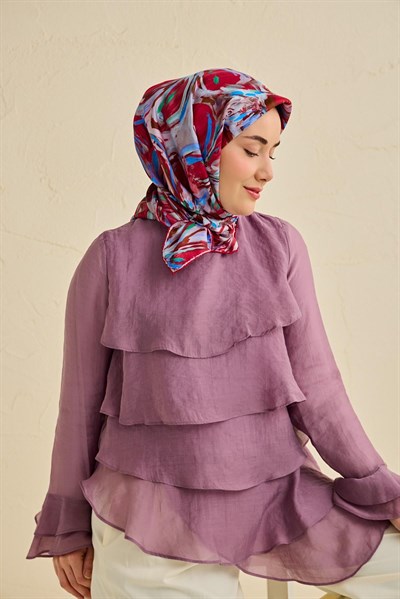 Twill İpek Eşarp Floral Art Desen Bordo 90x90