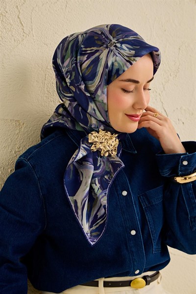 Twill İpek Eşarp Floral Art Desen Gece Mavisi 90x90