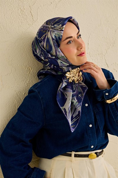 Twill İpek Eşarp Floral Art Desen Gece Mavisi 90x90