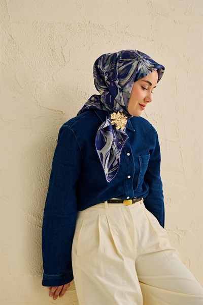 Twill İpek Eşarp Floral Art Desen Gece Mavisi 90x90
