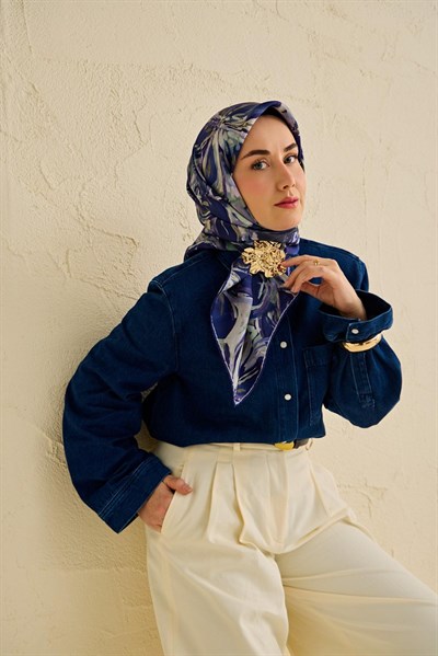 Twill İpek Eşarp Floral Art Desen Gece Mavisi 90x90