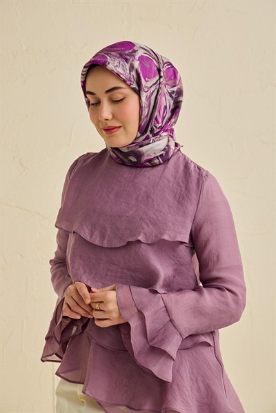 Twill İpek Eşarp Floral Art Desen Gümüş 90x90