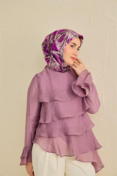 Twill İpek Eşarp Floral Art Desen Gümüş 90x90