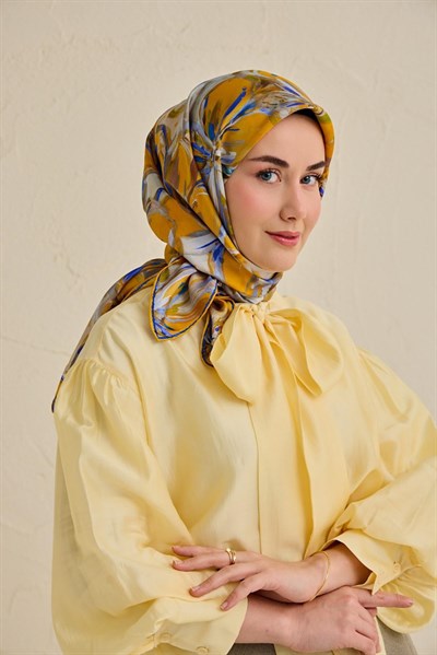 Twill İpek Eşarp Floral Art Desen Hardal 90x90