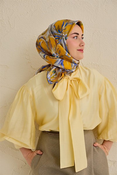 Twill İpek Eşarp Floral Art Desen Hardal 90x90