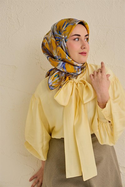 Twill İpek Eşarp Floral Art Desen Hardal 90x90