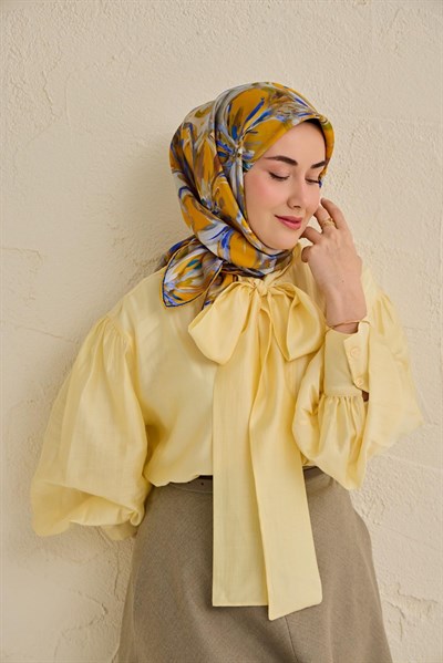 Twill İpek Eşarp Floral Art Desen Hardal 90x90