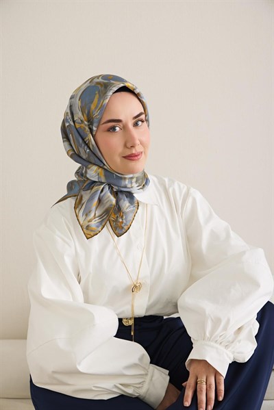 Twill İpek Eşarp Floral Art Desen Indigo 90x90