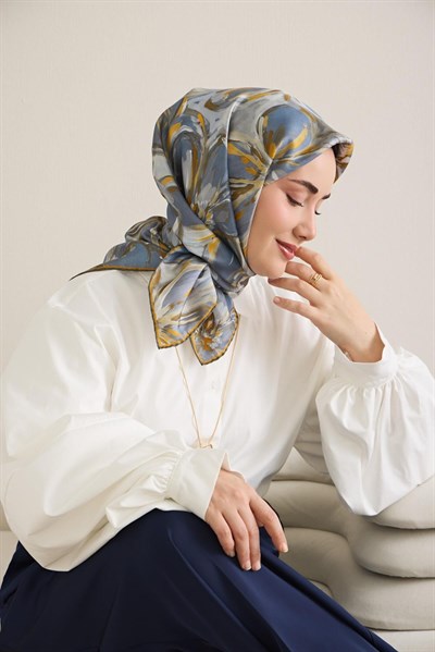 Twill İpek Eşarp Floral Art Desen Indigo 90x90
