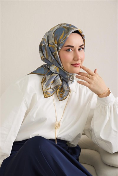 Twill İpek Eşarp Floral Art Desen Indigo 90x90