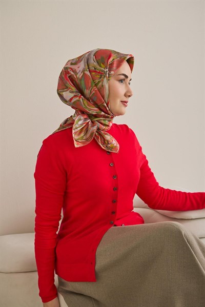 Twill İpek Eşarp Floral Art Desen Kırmızı 90x90