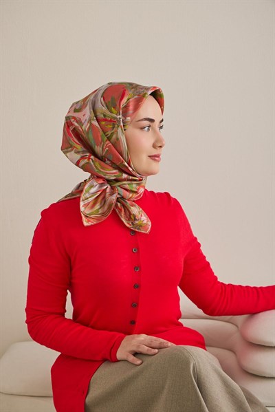 Twill İpek Eşarp Floral Art Desen Kırmızı 90x90