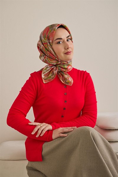 Twill İpek Eşarp Floral Art Desen Kırmızı 90x90