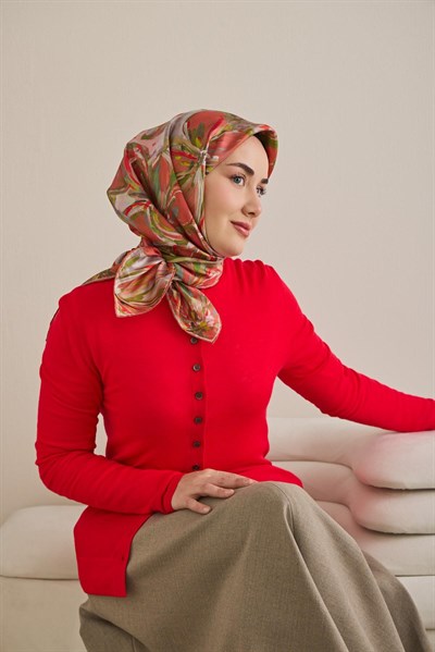 Twill İpek Eşarp Floral Art Desen Kırmızı 90x90