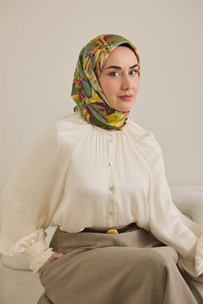 Twill İpek Eşarp Floral Art Desen Koyu Yeşil 90x90